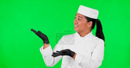 Photo for Green screen, woman face and chef hand pointing to checklist, menu and offer on mockup background. Bakery, portrait and asian female baker with checklist, promo and coming soon, info or launch deal. - Royalty Free Image