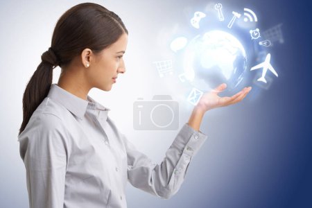 Photo for Globe, app and technology hologram with icon, business woman and virtual setting for UX on gradient background. 3D, future and digital transformation, global network and corporate tools for growth. - Royalty Free Image