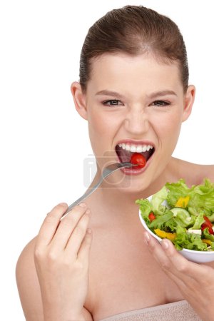 Photo for Salad, health and portrait of woman in studio with eating for weight loss with vegetables. Food, diet and face of female person isolated on white background with smile for healthy with organic. - Royalty Free Image