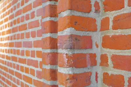 Photo for Zoom, red and brick wall for concrete building or structural material for architecture, texture and surface. Stone, masonry and clay or cement to hold or plaster together for construction and design - Royalty Free Image