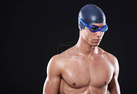 Photo for Man, muscle and swimming by black background for sports with pool, champion and training. Male swimmer, athlete and strong body in studio with water for professional competition, health and freestyle. - Royalty Free Image