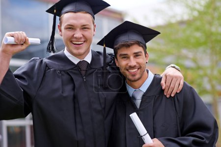 Photo for Celebration, university and portrait of students at graduation excited for future with pride. Smile, happy and confident men friends cheering for college degree, diploma or certificate on campus - Royalty Free Image