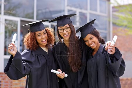 Photo for Celebration, college and portrait of students at graduation excited for future with pride. Smile, happy and confident girl friends cheering for university degree, diploma or certificate on campus - Royalty Free Image