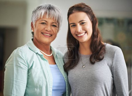 Photo for Portrait, senior woman and daughter in house with love for relationship, Mothers Day and support. Smile, happy and face of mature parent with girl in home for quality time, retirement and together. - Royalty Free Image