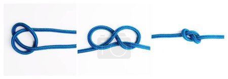 Photo for Knot, instruction or steps to tie ropes and material on white background in studio for security. Frames, cords or blue design for learning technique, gear tools or safety for survival guide lesson. - Royalty Free Image