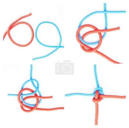 Photo for Guide, cable or how to tie ropes on white background in studio for security or safety instruction. Material, knot and color design for cords technique, tools or learning for survival steps lesson. - Royalty Free Image