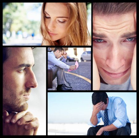Foto de Collage, depresión y salud mental para hombres de negocios, profesionales y mujeres con ansiedad, estrés y tristeza. Depresión, dolor de cabeza y personas frustradas en la industria corporativa por miedo al error - Imagen libre de derechos