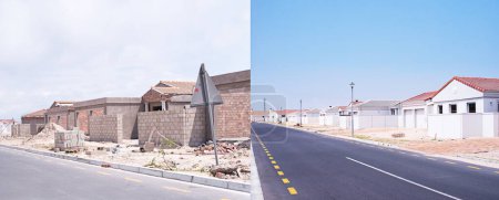 Foto de Desarrollo comunitario, antes y después de casas en pequeña ciudad para la gestión de propiedades. Construcción, mantenimiento y cimentación para la construcción, mejora inmobiliaria en el crecimiento de la sociedad para el proyecto - Imagen libre de derechos