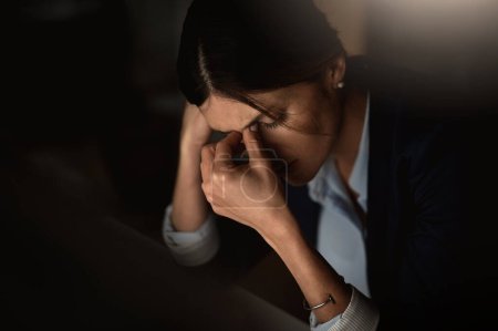 Photo for Hand, businesswoman or stress of migraine, burnout or fatigue of spiritual, work or mental health. Woman, headache or unhappy at negative experience of god, praying or challenge in church anxiety. - Royalty Free Image