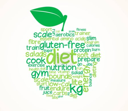Photo for Text, healthy and nutrition with apple for diet or graphic illustration on white background, vegan or gluten free. Weight loss, words and vegetable vitamins with mockup space, organic or exercise. - Royalty Free Image