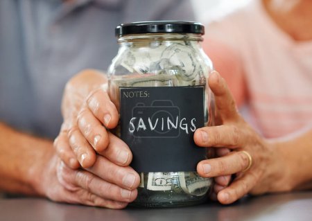 Photo for Savings, money and hands of couple on piggy bank container for investment, fund or future plan. Marriage, finance and cash to budget income for increase in financial freedom with asset management. - Royalty Free Image