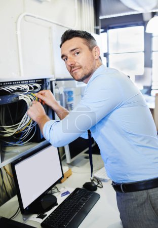 Photo for Portrait, man or technician with office cables for cyber security glitch or hardware cords. Engineering, programmer or proud engineer fixing wires for information technology, computer or IT support. - Royalty Free Image