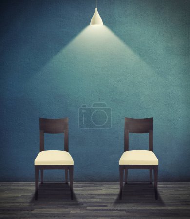 Photo for Illustration, empty room and interrogation with light on chair for legal, justice or questions on wall background. Jail, criminal investigation and spotlight art for suspect, defense or punishment. - Royalty Free Image