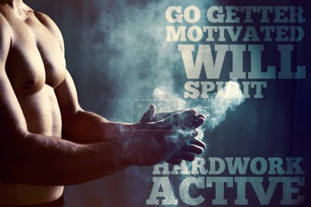 Photo for Man, athlete and hands on banner for deadlift with dust, poster and words of motivation for sport. Wallpaper, body builder and pro champion on template for training inspiration and workout discipline. - Royalty Free Image