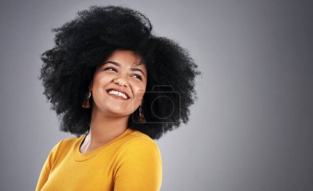 Photo for Thinking, woman and decision with choice, solution and problem solving on grey studio background. Person, girl and model with afro and thoughts with ideas and planning with questions and inspiration. - Royalty Free Image