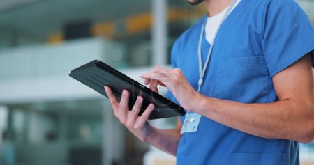 Hands, nurse and tablet for medical or clinic research with patient history, charts and hospital management software. Healthcare worker or person scroll on digital technology for telehealth services.