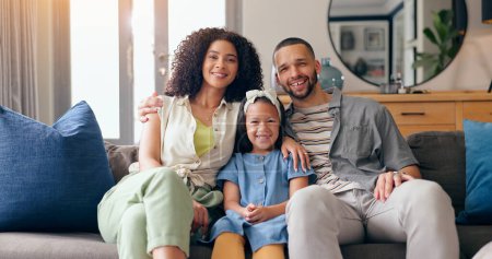 Photo for Portrait of mom, dad and child on couch with smile, love and bonding together in living room of home. Face of happy people with father, mother and daughter on sofa with relax and embrace in lounge. - Royalty Free Image