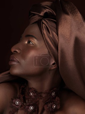 Profile, black woman and beauty with fashion for in studio with makeup for cosmetic in confidence. African, queen and skincare with natural style inspiration for event with ethical brands for model.