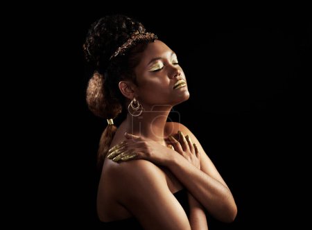 Photo for Noise, gold and black woman with jewelry for fashion, beauty or makeup crown for luxury isolated on dark background. African queen, eyes closed or accessories for culture, wealth or royalty by mockup. - Royalty Free Image