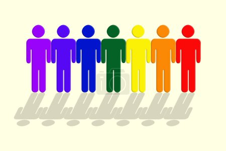 Icono, color y grupo de hombres con diversidad, acción afirmativa y solidaridad en la comunidad LGBT. Arco iris, emoji y cadena de papel de las personas homosexuales con apoyo, inclusión u orgullo en el desarrollo social.