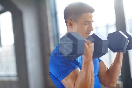 Photo for Heavy, bodybuilder or man with dumbbells in training, workout or exercise for grip strength. Lift, bodybuilding or strong athlete with weights for pump, sports challenge or energy for fitness in gym. - Royalty Free Image