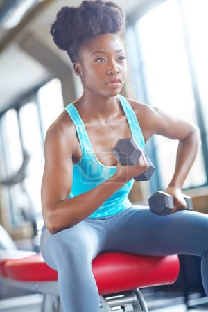 Photo for Black woman, weightlifting and bench for dumbbell exercise or bicep curl for muscle, weight loss or fitness. Female person, equipment and strength training at gym club for health, arms or challenge. - Royalty Free Image