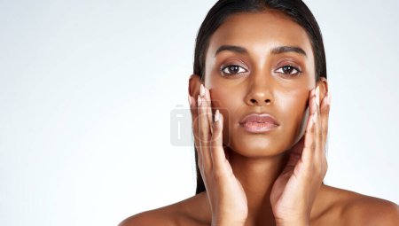 Photo for Model, skincare and portrait in studio for beauty, cosmetics and manicure with confidence on isolated white background. Woman, makeup and happy for dermatology, facial and wellness with mockup space. - Royalty Free Image