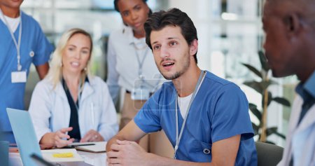 Photo for Medical, nurse and meeting for healthcare in conference room with technology, listening or discussion. Collaboration, doctor or communication in boardroom for surgery brainstorming or health planning. - Royalty Free Image