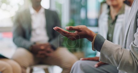 Photo for Psychology, hands and people in support group for therapy, depression or mental health. Counselling, community and therapist in meeting to help in rehabilitation, healing or conversation for wellness. - Royalty Free Image