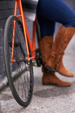 Photo for Legs, person and bicycle with standing on a road with morning transport and commute with boots. Retro, transportation and cycling on an urban sidewalk with shoes and travel in the city with bike. - Royalty Free Image