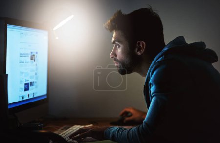 Photo for Man, computer and screen for web design at night with deadline, website development or coding at startup. Creativity, focus and software programming with tech, working late and UI for internet vlog. - Royalty Free Image