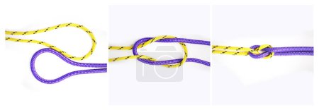 Photo for Sailor, knot and how to tie with rope in tutorial, guide or info steps to connect string for security. Creative, pattern and template instructions to loop textile thread in chain with strong link. - Royalty Free Image
