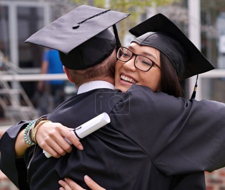 Photo for Success, graduate and hug with diploma for education, qualification or degree on graduation day. People, university youth and certificate for achievement, celebration or scholarship on college campus. - Royalty Free Image