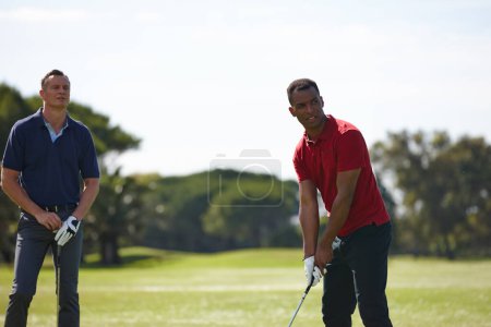 Photo for Men, sport and golf course for driver training on grass or lawn for recreation or hobby at country club. Friends, golfer, and practice with stroke drill, cardio exercise or workout at green field. - Royalty Free Image