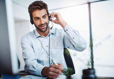 Photo for Writing, advisor or businessman in telemarketing call center consulting or communication for loan advice. Finance notes, support or virtual assistant talking on computer online on headset in office. - Royalty Free Image