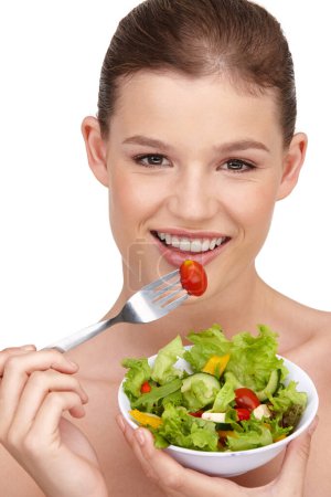 Photo for Salad, health and portrait of woman in studio with wellness for weight loss with vegetables. Diet, food and face of female person isolated on white background with smile for healthy organic meal. - Royalty Free Image