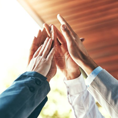 Photo for High five, people and hands for collaboration, success and celebration for work achievement, goal and job well done. Trust, partnership and winner for teamwork, target and motivation or team building. - Royalty Free Image