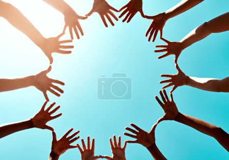 Photo for Circle, unity and teamwork with hands with sky for trust with lens flare. Earth day, care and recycling with eco friendly for planet with blue background for global with climate change for people. - Royalty Free Image
