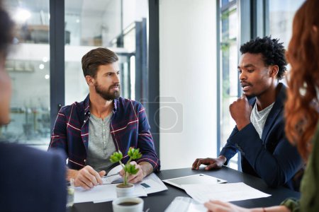 Photo for Team, brainstorming or people in meeting in office, workspace or conference room with notebook for agenda. Discussion, partnership or employees together for plan, work or diversity in creative career. - Royalty Free Image