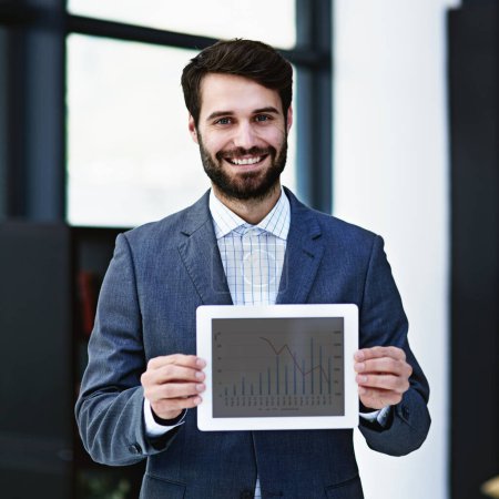 Photo for Businessman, portrait and tablet with screen for financial graph, chart or statistics at office. Man, accountant or employee with smile or technology in finance, profit or annual revenue at workplace. - Royalty Free Image