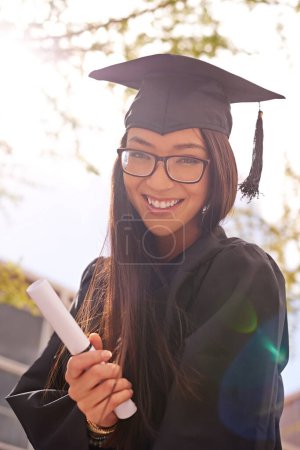 Photo for Portrait, woman and happy for college graduation on campus with celebration, success and completion for qualification. Female person, university and smile with certificate in confidence and pride. - Royalty Free Image