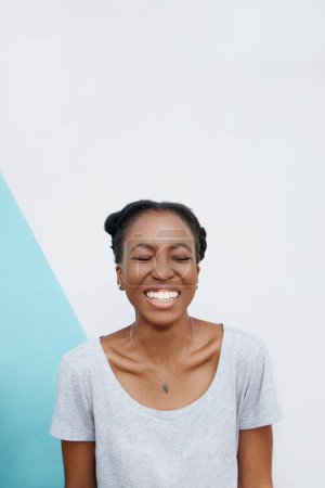 Photo for Black woman, smile or wow with face, choice or eyes closed in hope, thinking or future announcement. Gen z female student, happy or excited at surprise, dream or idea of miracle of inspiration. - Royalty Free Image