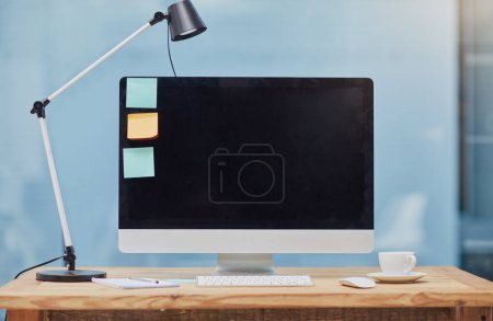 Photo for Computer, desk and workspace light in office with mockup space, sticky notes and coffee for productivity. Interior, tech and notebook with plants at empty workplace for business and marketing screen. - Royalty Free Image