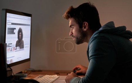 Photo for Man, computer screen and night for web design deadline, website development or coding at startup. Creativity, focus and software programming with cyber tech, working late and UI for internet vlog. - Royalty Free Image