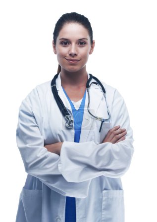 Photo for Woman, portrait and doctor in studio for confidence, healthcare and cardiology on white background. Happy female person, arms crossed and surgeon for heart care, diagnosis and pride for medic service. - Royalty Free Image