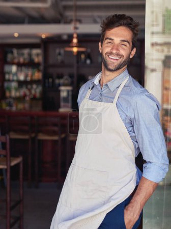 Photo for Industry, smile and portrait of waiter in coffee shop with confidence for hospitality career. Happy, pride and male barista standing with positive attitude in restaurant or cafe for food service - Royalty Free Image
