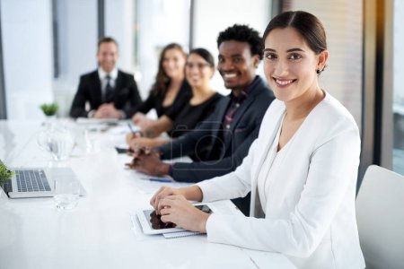 Photo for Meeting, portrait and group of business people in conference room with smile, confidence and corporate office. Boardroom, men and women at table for collaboration, teamwork or b2b workshop at startup. - Royalty Free Image