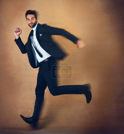 Photo for Businessman and running with motion blur for goals, mission of promotion. Male entrepreneur or employee with hurry or rush to reach company target for work advancement with studio background. - Royalty Free Image