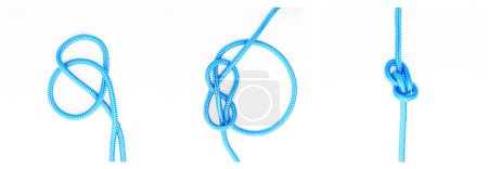 Photo for Guide, steps or how to tie ropes on white background in studio for security or safety instruction. Material, knot and color design for cords technique, tools or learning for survival cable lesson. - Royalty Free Image
