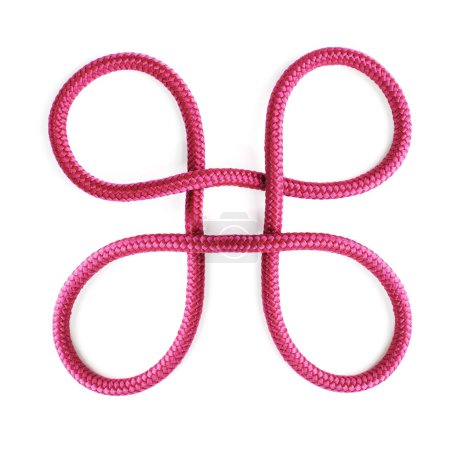 Photo for Square shape, ties or loop of ropes and material on white background in studio for security. Pink, cords and abstract sign of embroidery design with cable together for bowen knot, gear tool or safety. - Royalty Free Image